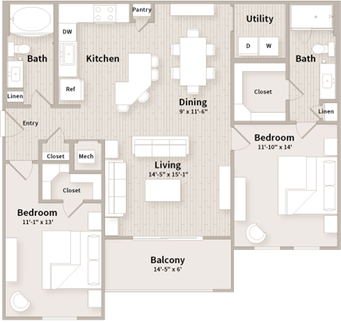 B2 floorplan which is a 2 bedroom, 2 bath apartment at The Parkway on Westlake, Humble, 77346